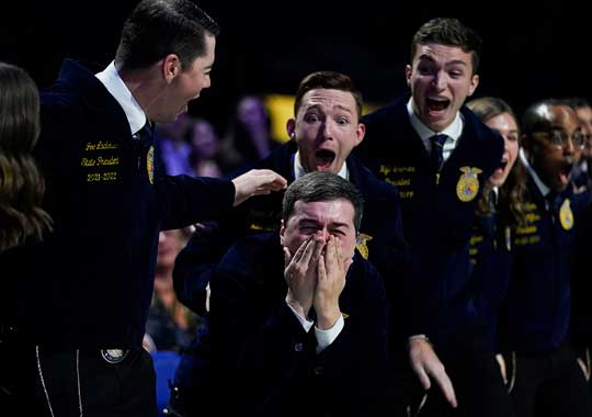 Grant Norfleet celebrates with his team after accepting his new role as National Secretary of FFA.